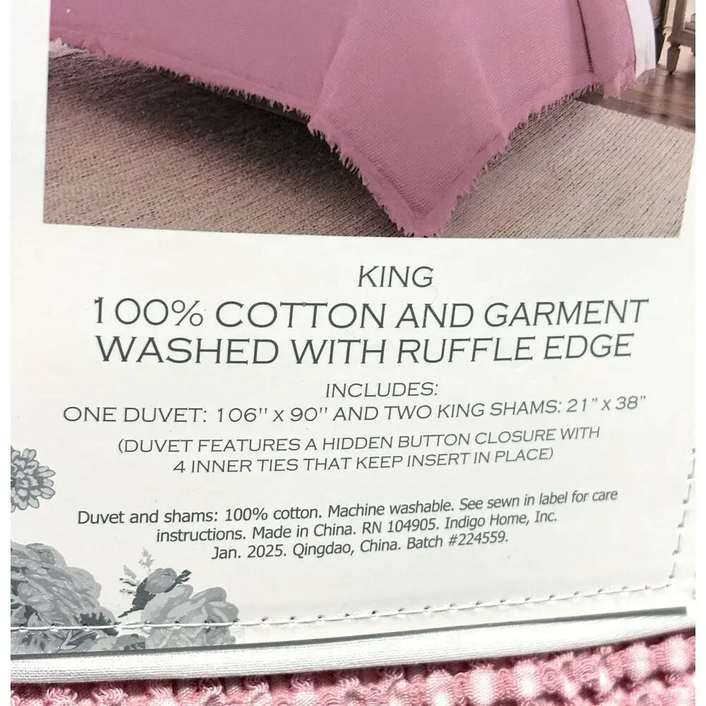Shabby Chic All Cotton Woven King Size Duvet Cover Set Pink Ruffle Garment Wash - Picture 4 of 10